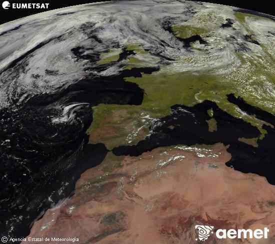 Esta imagen se genera utilizando informaci�n de los canales visibles del sat�lite METEOSAT perteneciente a la segunda generaci�n de sat�lites Meteosat (MSG). Por ese motivo, s�lo hay informaci�n en la zona iluminada por el sol. Adem�s, los canales han sido normalizados para que el brillo no dependa de la posici�n del sol.&nbsp;mi�rcoles, 22 julio 2026 a las 14:00
