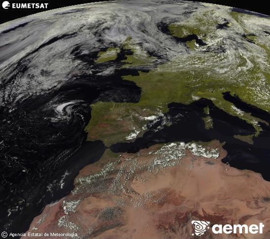 Esta imagen se genera utilizando informaci�n de los canales visibles del sat�lite METEOSAT perteneciente a la segunda generaci�n de sat�lites Meteosat (MSG). Por ese motivo, s�lo hay informaci�n en la zona iluminada por el sol. Adem�s, los canales han sido normalizados para que el brillo no dependa de la posici�n del sol.&nbsp;mi�rcoles, 22 julio 2026 a las 17:00