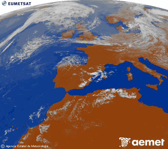 Imagen de la zona de Europa y Norte de �frica del canal infrarrojo del sat�lite Meteosat operacional en 0�N 0�W, procesada para darle color.&nbsp;Wednesday, 22 July  2026 17:00