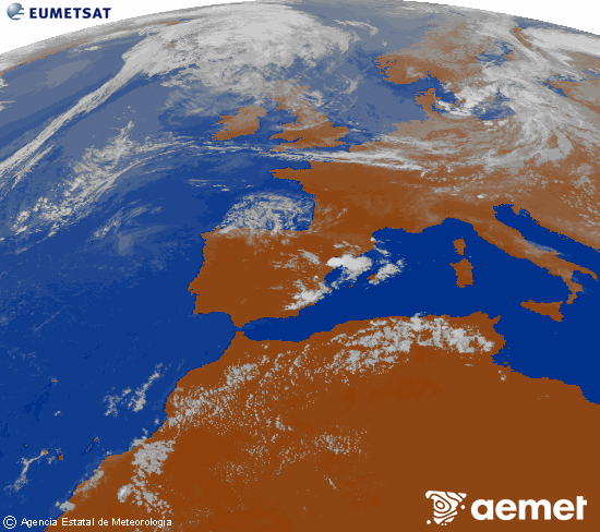 Imagen de la zona de Europa y Norte de �frica del canal infrarrojo del sat�lite Meteosat operacional en 0�N 0�W, procesada para darle color.&nbsp;dimecres, 22 de juliol  2026 19:00