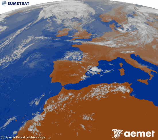 Imagen de la zona de Europa y Norte de �frica del canal infrarrojo del sat�lite Meteosat operacional en 0�N 0�W, procesada para darle color.&nbsp;dimecres, 22 de juliol  2026 21:00