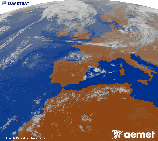Imagen de la zona de Europa y Norte de �frica del canal infrarrojo del sat�lite Meteosat operacional en 0�N 0�W, procesada para darle color.&nbsp;dimecres, 22 de juliol  2026 22:00