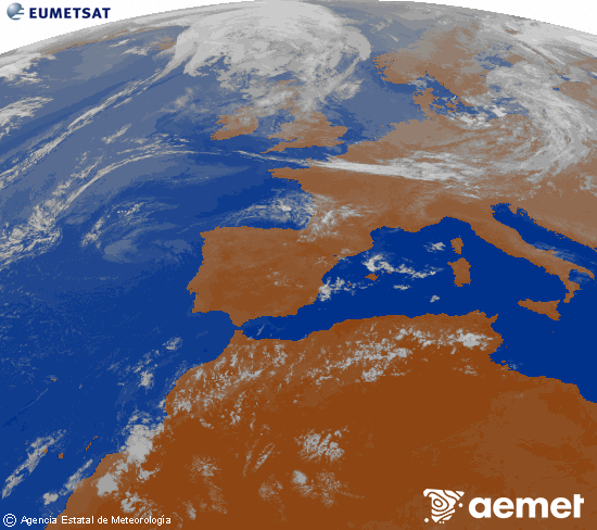 Imagen de la zona de Europa y Norte de �frica del canal infrarrojo del sat�lite Meteosat operacional en 0�N 0�W, procesada para darle color.&nbsp;dimecres, 22 de juliol  2026 23:00