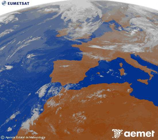 Imatge de la zona d'Europa i Nord d'�frica del canal infraroig del sat�l�lit Meteosat operacional en 0�N 0�W, processada per a donar-li color.&nbsp;dijous, 23 de juliol  2026 03:00