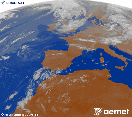 Imatge de la zona d'Europa i Nord d'�frica del canal infraroig del sat�l�lit Meteosat operacional en 0�N 0�W, processada per a donar-li color.&nbsp;dijous, 23 de juliol  2026 04:00