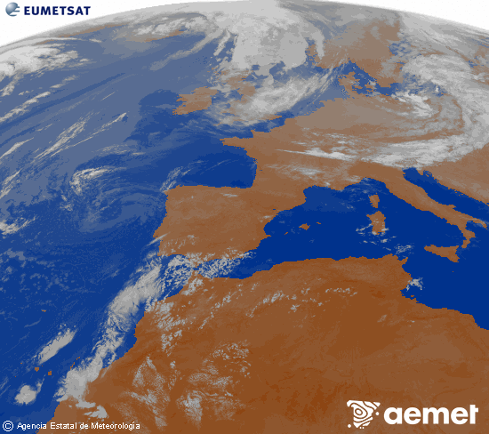 Imatge de la zona d'Europa i Nord d'�frica del canal infraroig del sat�l�lit Meteosat operacional en 0�N 0�W, processada per a donar-li color.&nbsp;dijous, 23 de juliol  2026 06:00