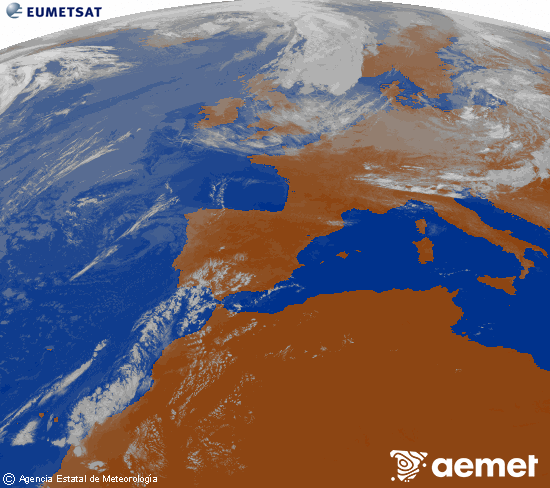 Imatge de la zona d'Europa i Nord d'�frica del canal infraroig del sat�l�lit Meteosat operacional en 0�N 0�W, processada per a donar-li color.&nbsp;dijous, 23 de juliol  2026 10:00