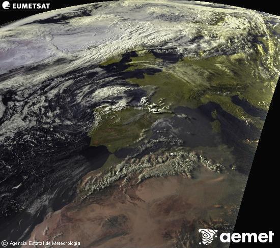 Aquesta imatge es genera utilitzant informaci� dels canals visibles del sat�l�lit METEOSAT, que pertany a la segona generaci� de sat�l�lits Meteosat (MSG). Per aquest motiu, nom�s hi ha informaci� en la zona il�luminada pel sol. A m�s, els canals han sigut normalitzats perqu� la lluentor no depenga de la posici� del sol.&nbsp;divendres, 24 de juliol  2026 20:00