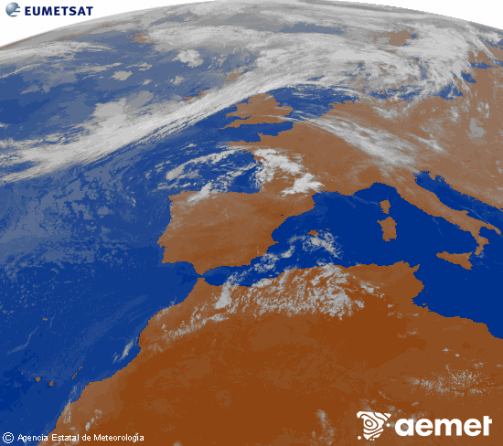 Imagen de la zona de Europa y Norte de �frica del canal infrarrojo del sat�lite Meteosat operacional en 0�N 0�W, procesada para darle color.&nbsp;s�bado, 25 julio 2026 a las 00:00