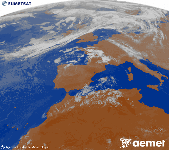 Imagen de la zona de Europa y Norte de �frica del canal infrarrojo del sat�lite Meteosat operacional en 0�N 0�W, procesada para darle color.&nbsp;s�bado, 25 julio 2026 a las 02:00