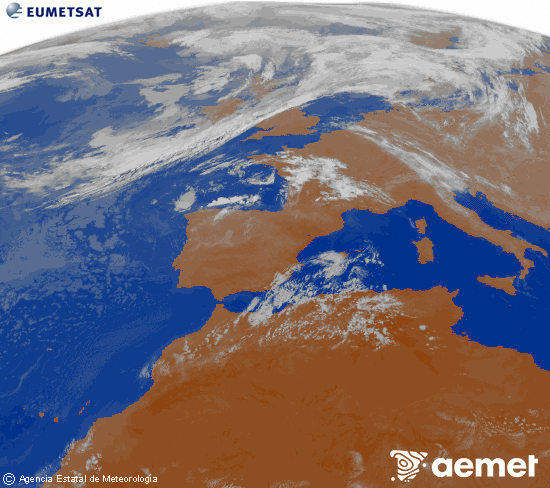 Imagen de la zona de Europa y Norte de �frica del canal infrarrojo del sat�lite Meteosat operacional en 0�N 0�W, procesada para darle color.&nbsp;s�bado, 25 julio 2026 a las 03:00