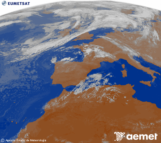 Imagen de la zona de Europa y Norte de �frica del canal infrarrojo del sat�lite Meteosat operacional en 0�N 0�W, procesada para darle color.&nbsp;s�bado, 25 julio 2026 a las 04:00
