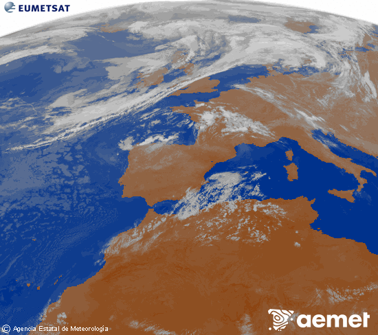 Imagen de la zona de Europa y Norte de �frica del canal infrarrojo del sat�lite Meteosat operacional en 0�N 0�W, procesada para darle color.&nbsp;s�bado, 25 julio 2026 a las 05:00