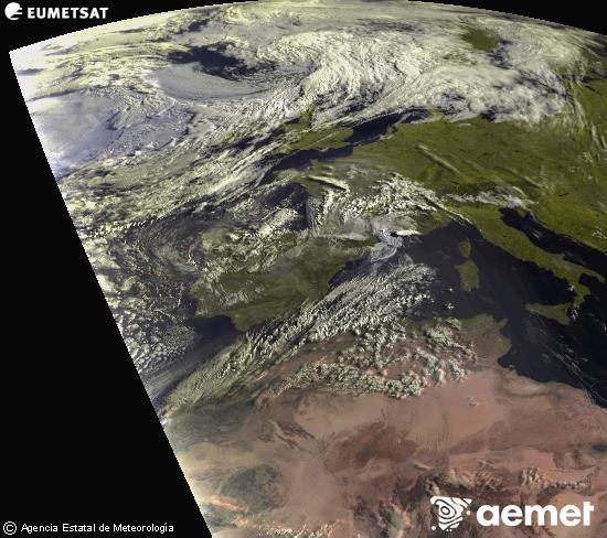 Aquesta imatge es genera utilitzant informaci� dels canals visibles del sat�l�lit METEOSAT, que pertany a la segona generaci� de sat�l�lits Meteosat (MSG). Per aquest motiu, nom�s hi ha informaci� en la zona il�luminada pel sol. A m�s, els canals han sigut normalitzats perqu� la lluentor no depenga de la posici� del sol.&nbsp;dissabte, 25 de juliol  2026 08:00