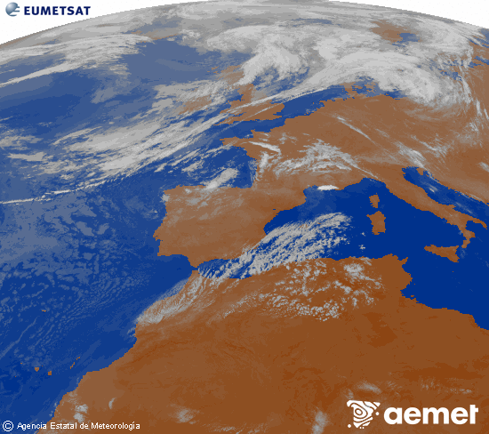 Imagen de la zona de Europa y Norte de �frica del canal infrarrojo del sat�lite Meteosat operacional en 0�N 0�W, procesada para darle color.&nbsp;Saturday, 25 July  2026 08:00