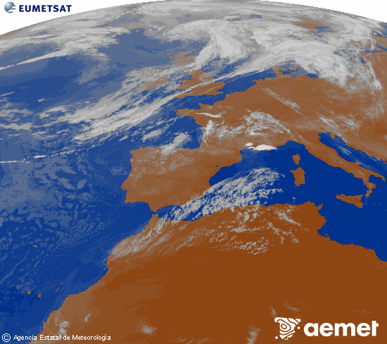 Imagen de la zona de Europa y Norte de �frica del canal infrarrojo del sat�lite Meteosat operacional en 0�N 0�W, procesada para darle color.&nbsp;Saturday, 25 July  2026 09:00
