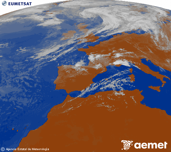 Imagen de la zona de Europa y Norte de �frica del canal infrarrojo del sat�lite Meteosat operacional en 0�N 0�W, procesada para darle color.&nbsp;samedi, 25 juillet  2026 13:00