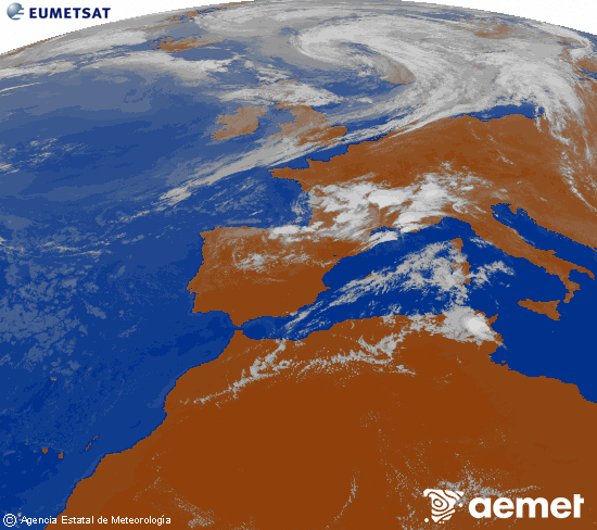 Imagen de la zona de Europa y Norte de �frica del canal infrarrojo del sat�lite Meteosat operacional en 0�N 0�W, procesada para darle color.&nbsp;samedi, 25 juillet  2026 18:00