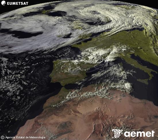 Esta imagen se genera utilizando informaci�n de los canales visibles del sat�lite METEOSAT perteneciente a la segunda generaci�n de sat�lites Meteosat (MSG). Por ese motivo, s�lo hay informaci�n en la zona iluminada por el sol. Adem�s, los canales han sido normalizados para que el brillo no dependa de la posici�n del sol.&nbsp;Saturday, 25 July  2026 19:00