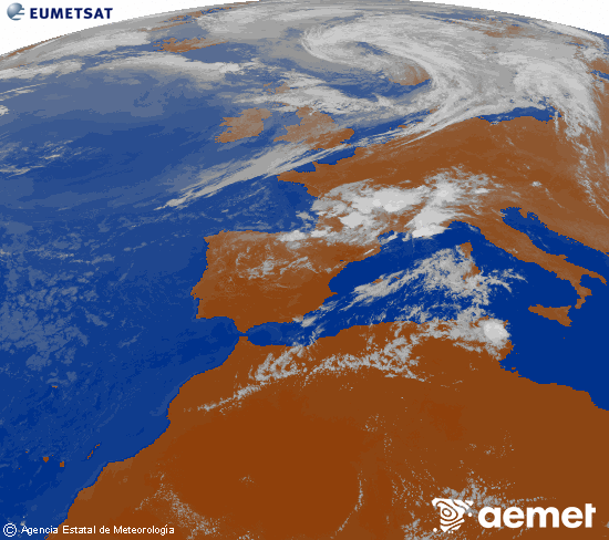 Imagen de la zona de Europa y Norte de �frica del canal infrarrojo del sat�lite Meteosat operacional en 0�N 0�W, procesada para darle color.&nbsp;samedi, 25 juillet  2026 19:00