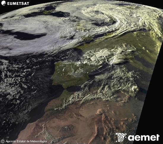 Esta imagen se genera utilizando informaci�n de los canales visibles del sat�lite METEOSAT perteneciente a la segunda generaci�n de sat�lites Meteosat (MSG). Por ese motivo, s�lo hay informaci�n en la zona iluminada por el sol. Adem�s, los canales han sido normalizados para que el brillo no dependa de la posici�n del sol.&nbsp;Saturday, 25 July  2026 20:00
