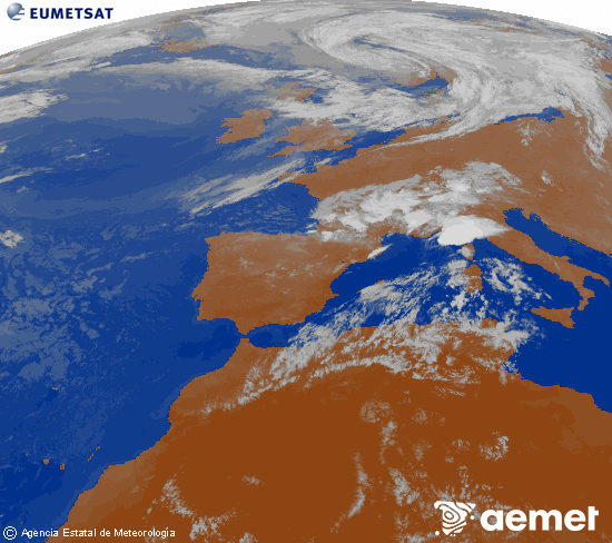 Imagen de la zona de Europa y Norte de �frica del canal infrarrojo del sat�lite Meteosat operacional en 0�N 0�W, procesada para darle color.&nbsp;samedi, 25 juillet  2026 22:00