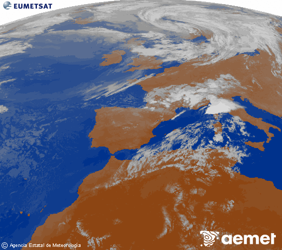 Imagen de la zona de Europa y Norte de �frica del canal infrarrojo del sat�lite Meteosat operacional en 0�N 0�W, procesada para darle color.&nbsp;samedi, 25 juillet  2026 23:00