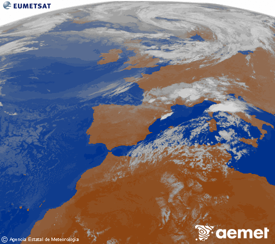 Imagen de la zona de Europa y Norte de �frica del canal infrarrojo del sat�lite Meteosat operacional en 0�N 0�W, procesada para darle color.&nbsp;dimanche, 26 juillet  2026 01:00
