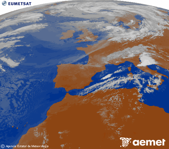 Imagen de la zona de Europa y Norte de �frica del canal infrarrojo del sat�lite Meteosat operacional en 0�N 0�W, procesada para darle color.&nbsp;dimanche, 26 juillet  2026 10:00