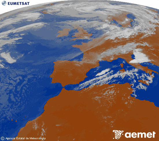 Imagen de la zona de Europa y Norte de �frica del canal infrarrojo del sat�lite Meteosat operacional en 0�N 0�W, procesada para darle color.&nbsp;dimanche, 26 juillet  2026 11:00