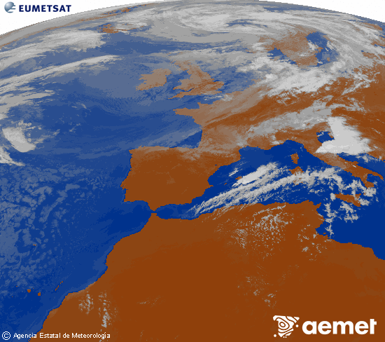 Imagen de la zona de Europa y Norte de �frica del canal infrarrojo del sat�lite Meteosat operacional en 0�N 0�W, procesada para darle color.&nbsp;dimanche, 26 juillet  2026 12:00
