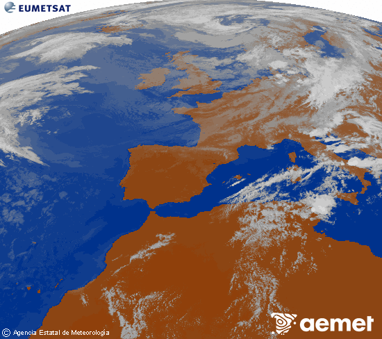 Imagen de la zona de Europa y Norte de �frica del canal infrarrojo del sat�lite Meteosat operacional en 0�N 0�W, procesada para darle color.&nbsp;dimanche, 26 juillet  2026 19:00