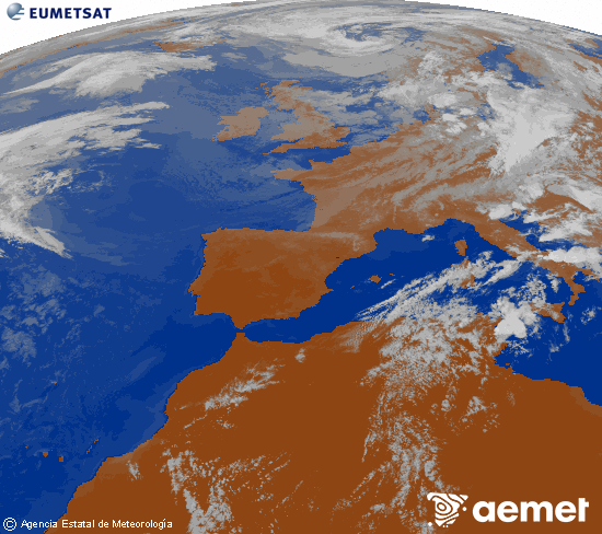 Imagen de la zona de Europa y Norte de �frica del canal infrarrojo del sat�lite Meteosat operacional en 0�N 0�W, procesada para darle color.&nbsp;dimanche, 26 juillet  2026 20:00