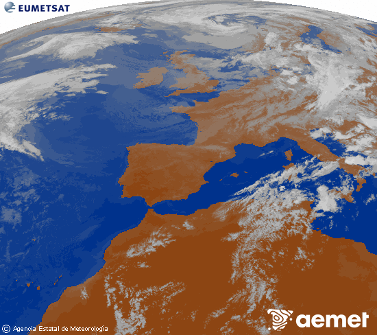 Imagen de la zona de Europa y Norte de �frica del canal infrarrojo del sat�lite Meteosat operacional en 0�N 0�W, procesada para darle color.&nbsp;dimanche, 26 juillet  2026 21:00