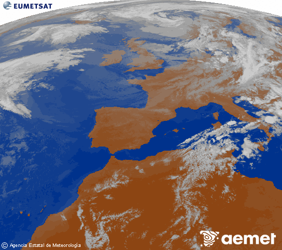 Imagen de la zona de Europa y Norte de �frica del canal infrarrojo del sat�lite Meteosat operacional en 0�N 0�W, procesada para darle color.&nbsp;dimanche, 26 juillet  2026 22:00