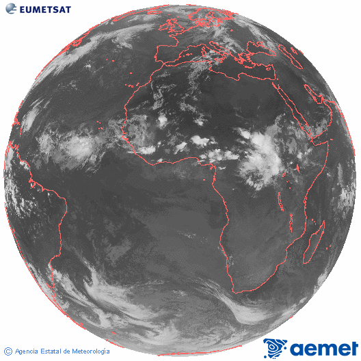 Imagen global del canal infrarrojo (10.8 &mu;m) del sat�lite Meteosat, perteneciente a la serie MSG (Meteosat Segunda Generaci�n) y situado en 0�N 0�E.&nbsp;domingo, 26 julio 2026 a las 23:00