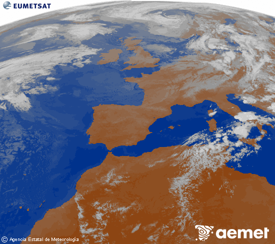 Imagen de la zona de Europa y Norte de �frica del canal infrarrojo del sat�lite Meteosat operacional en 0�N 0�W, procesada para darle color.&nbsp;lundi, 27 juillet  2026 01:00