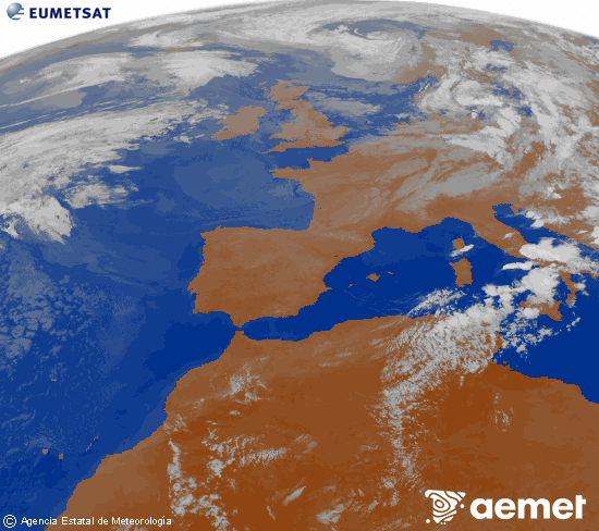 Imagen de la zona de Europa y Norte de �frica del canal infrarrojo del sat�lite Meteosat operacional en 0�N 0�W, procesada para darle color.&nbsp;lundi, 27 juillet  2026 02:00