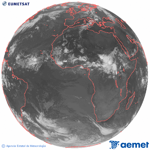 Imagen global del canal infrarrojo (10.8 &mu;m) del sat�lite Meteosat, perteneciente a la serie MSG (Meteosat Segunda Generaci�n) y situado en 0�N 0�E.&nbsp;lunes, 27 julio 2026 a las 02:00