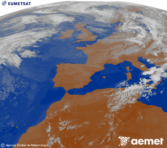 Imagen de la zona de Europa y Norte de �frica del canal infrarrojo del sat�lite Meteosat operacional en 0�N 0�W, procesada para darle color.&nbsp;lundi, 27 juillet  2026 03:00