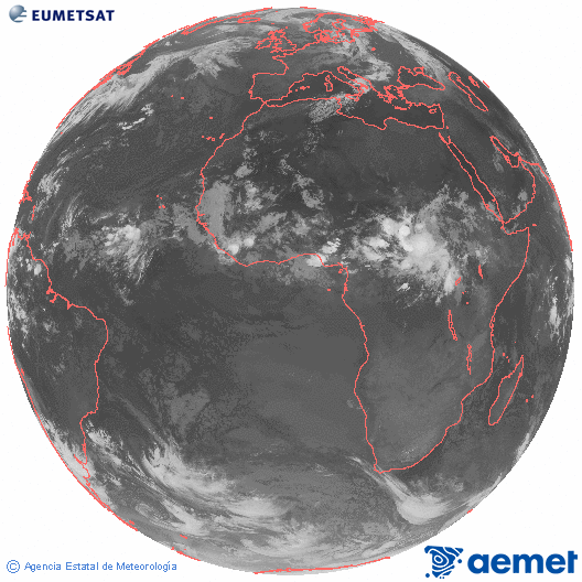 Imagen global del canal infrarrojo (10.8 &mu;m) del sat�lite Meteosat, perteneciente a la serie MSG (Meteosat Segunda Generaci�n) y situado en 0�N 0�E.&nbsp;lunes, 27 julio 2026 a las 05:00