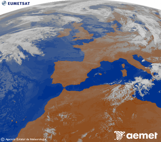 Imagen de la zona de Europa y Norte de �frica del canal infrarrojo del sat�lite Meteosat operacional en 0�N 0�W, procesada para darle color.&nbsp;lundi, 27 juillet  2026 06:00