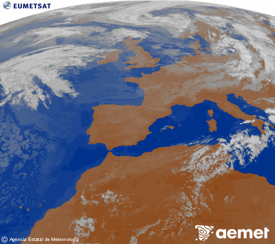 Imagen de la zona de Europa y Norte de �frica del canal infrarrojo del sat�lite Meteosat operacional en 0�N 0�W, procesada para darle color.&nbsp;lundi, 27 juillet  2026 07:00