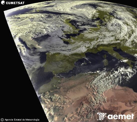 Esta imagen se genera utilizando informaci�n de los canales visibles del sat�lite METEOSAT perteneciente a la segunda generaci�n de sat�lites Meteosat (MSG). Por ese motivo, s�lo hay informaci�n en la zona iluminada por el sol. Adem�s, los canales han sido normalizados para que el brillo no dependa de la posici�n del sol.&nbsp;astelehena, 2026ko uztailak 27, ordua: 08:00
