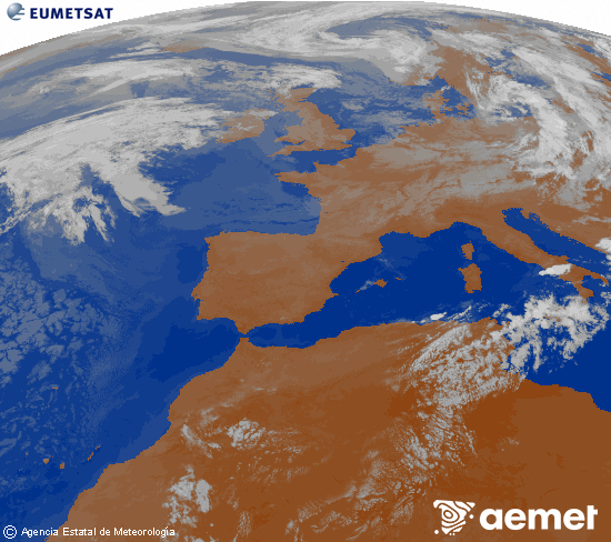 Imagen de la zona de Europa y Norte de �frica del canal infrarrojo del sat�lite Meteosat operacional en 0�N 0�W, procesada para darle color.&nbsp;lundi, 27 juillet  2026 08:00