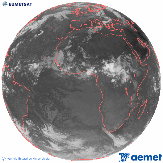 Imagen global del canal infrarrojo (10.8 &mu;m) del sat�lite Meteosat, perteneciente a la serie MSG (Meteosat Segunda Generaci�n) y situado en 0�N 0�E.&nbsp;lunes, 27 julio 2026 a las 08:00