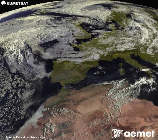 Esta imagen se genera utilizando informaci�n de los canales visibles del sat�lite METEOSAT perteneciente a la segunda generaci�n de sat�lites Meteosat (MSG). Por ese motivo, s�lo hay informaci�n en la zona iluminada por el sol. Adem�s, los canales han sido normalizados para que el brillo no dependa de la posici�n del sol.&nbsp;astelehena, 2026ko uztailak 27, ordua: 09:00