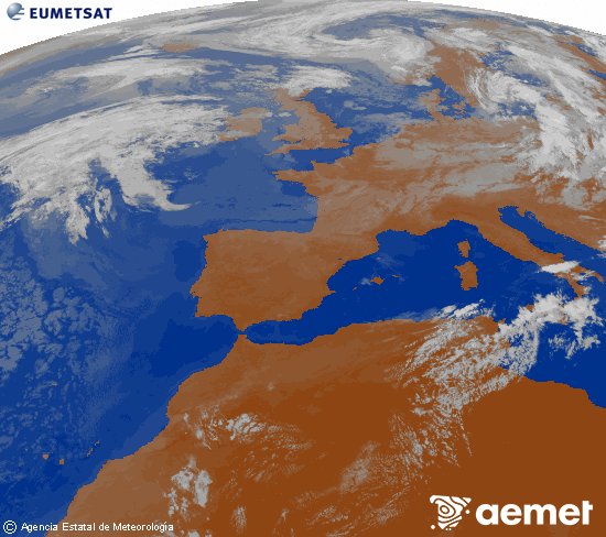 Imagen de la zona de Europa y Norte de �frica del canal infrarrojo del sat�lite Meteosat operacional en 0�N 0�W, procesada para darle color.&nbsp;lundi, 27 juillet  2026 09:00