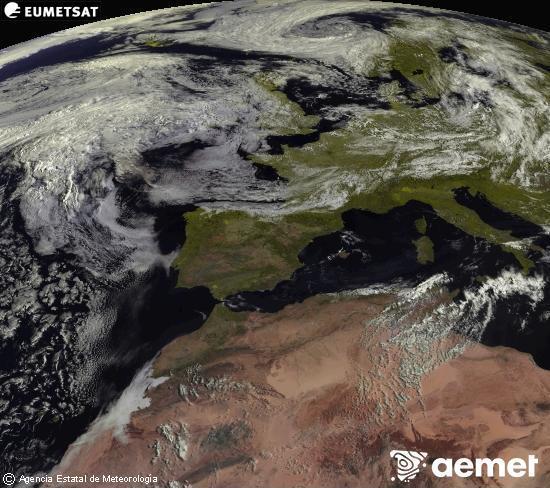 Esta imagen se genera utilizando informaci�n de los canales visibles del sat�lite METEOSAT perteneciente a la segunda generaci�n de sat�lites Meteosat (MSG). Por ese motivo, s�lo hay informaci�n en la zona iluminada por el sol. Adem�s, los canales han sido normalizados para que el brillo no dependa de la posici�n del sol.&nbsp;astelehena, 2026ko uztailak 27, ordua: 10:00