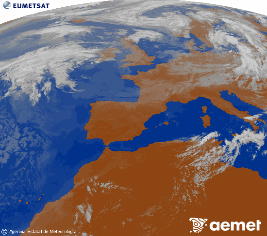 Imagen de la zona de Europa y Norte de �frica del canal infrarrojo del sat�lite Meteosat operacional en 0�N 0�W, procesada para darle color.&nbsp;lundi, 27 juillet  2026 10:00